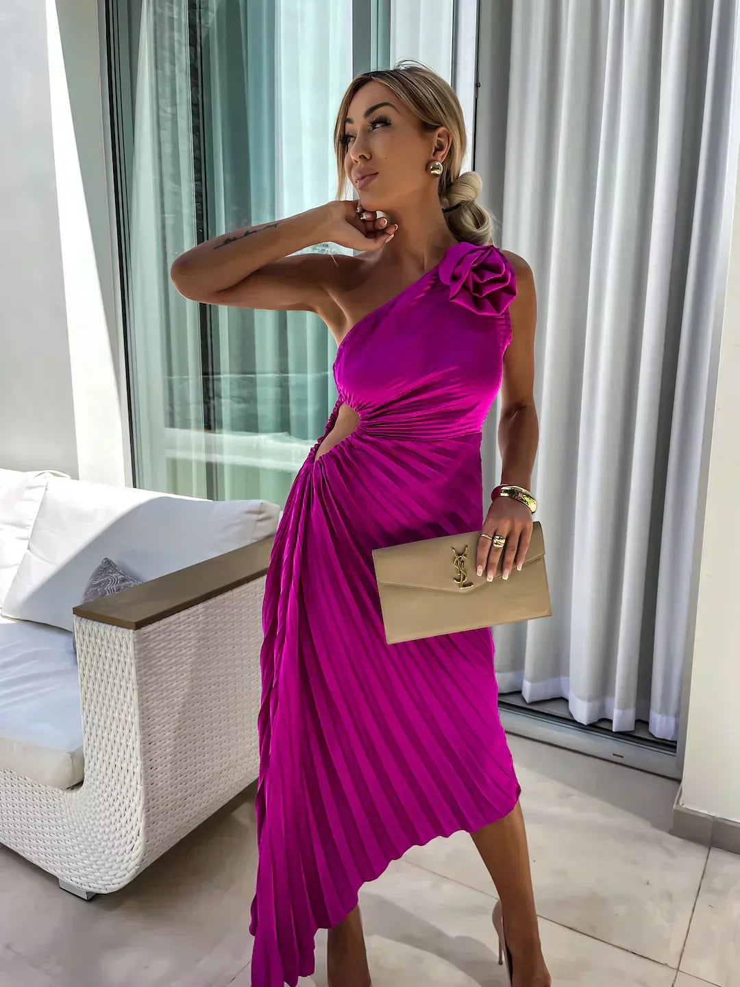 Valerisse One-Shoulder Pleated Midi Dress