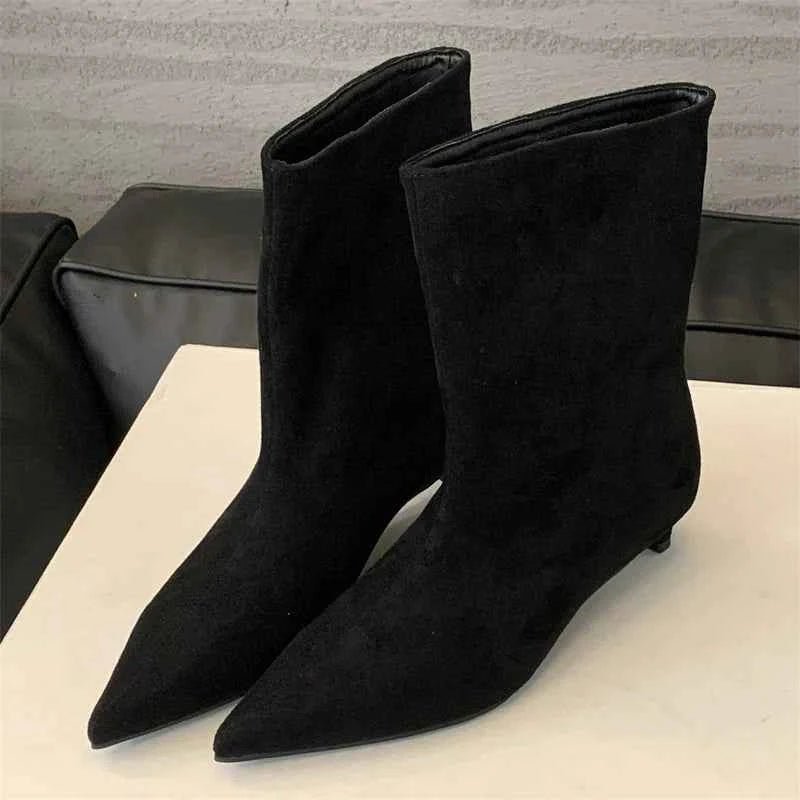 Valora Suede Pointed-Toe Kitten-Heel Ankle Boots