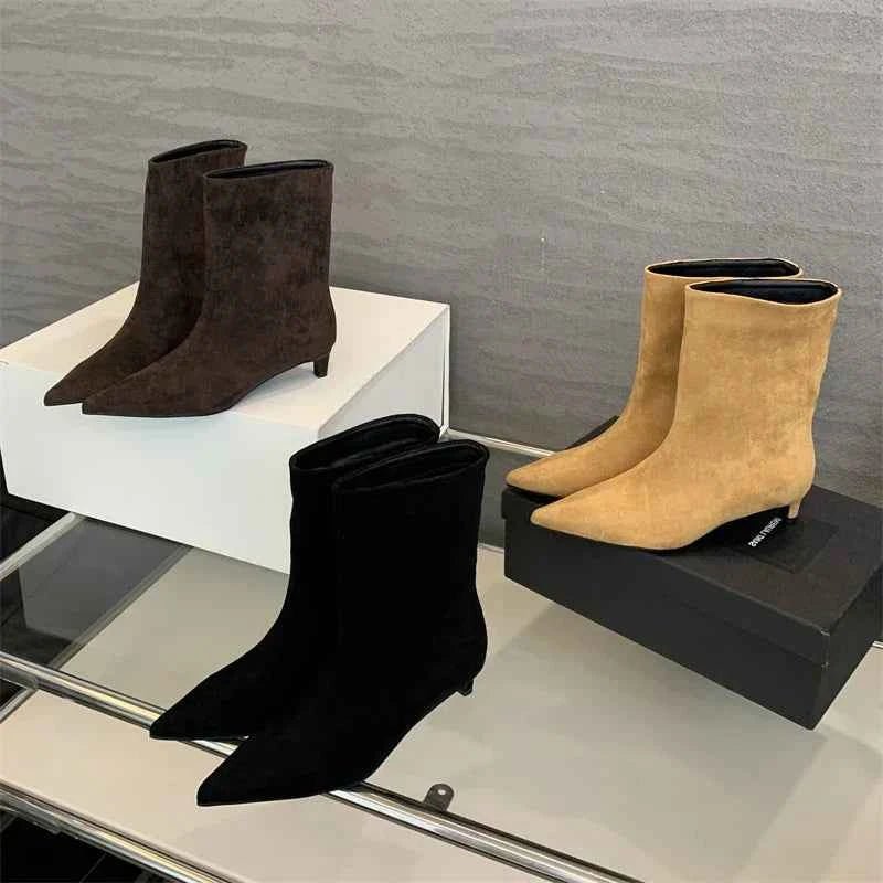 Valora Suede Pointed-Toe Kitten-Heel Ankle Boots