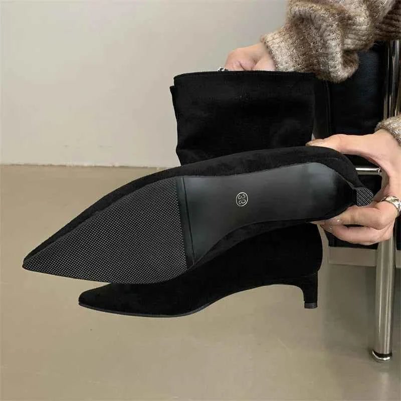 Valora Suede Pointed-Toe Kitten-Heel Ankle Boots