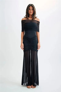 Velmira Off Shoulder Ruched Maxi Dress Sheer Skirt