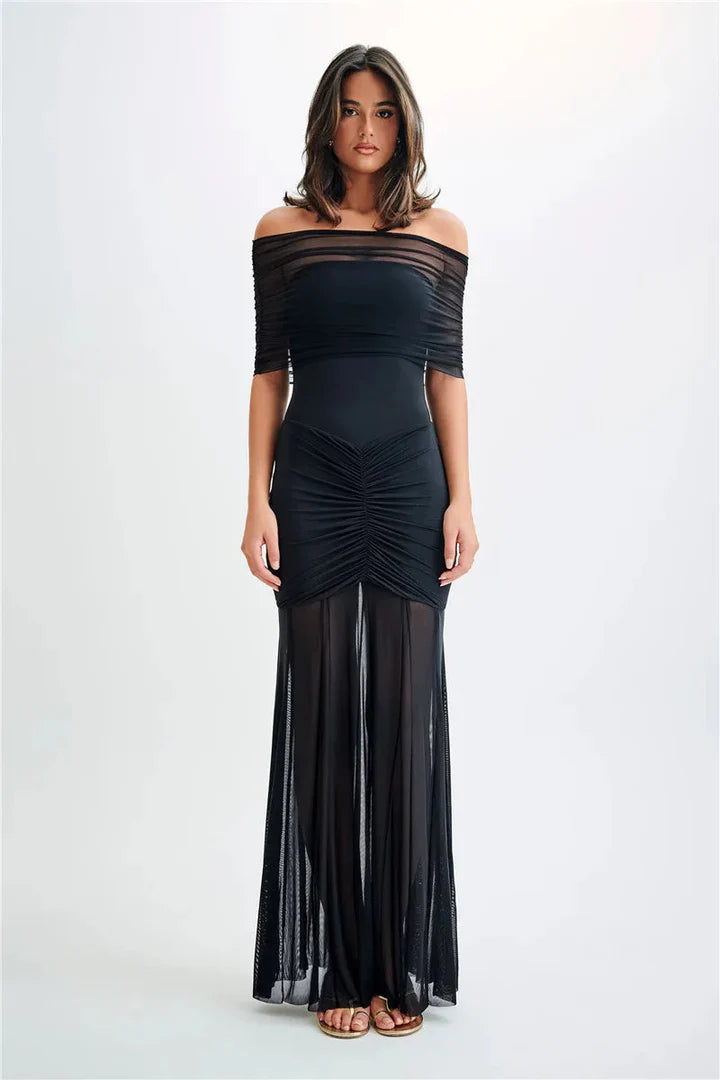 Velmira Off Shoulder Ruched Maxi Dress Sheer Skirt