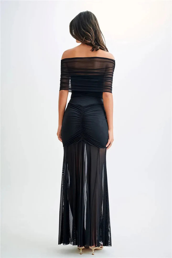 Velmira Off Shoulder Ruched Maxi Dress Sheer Skirt