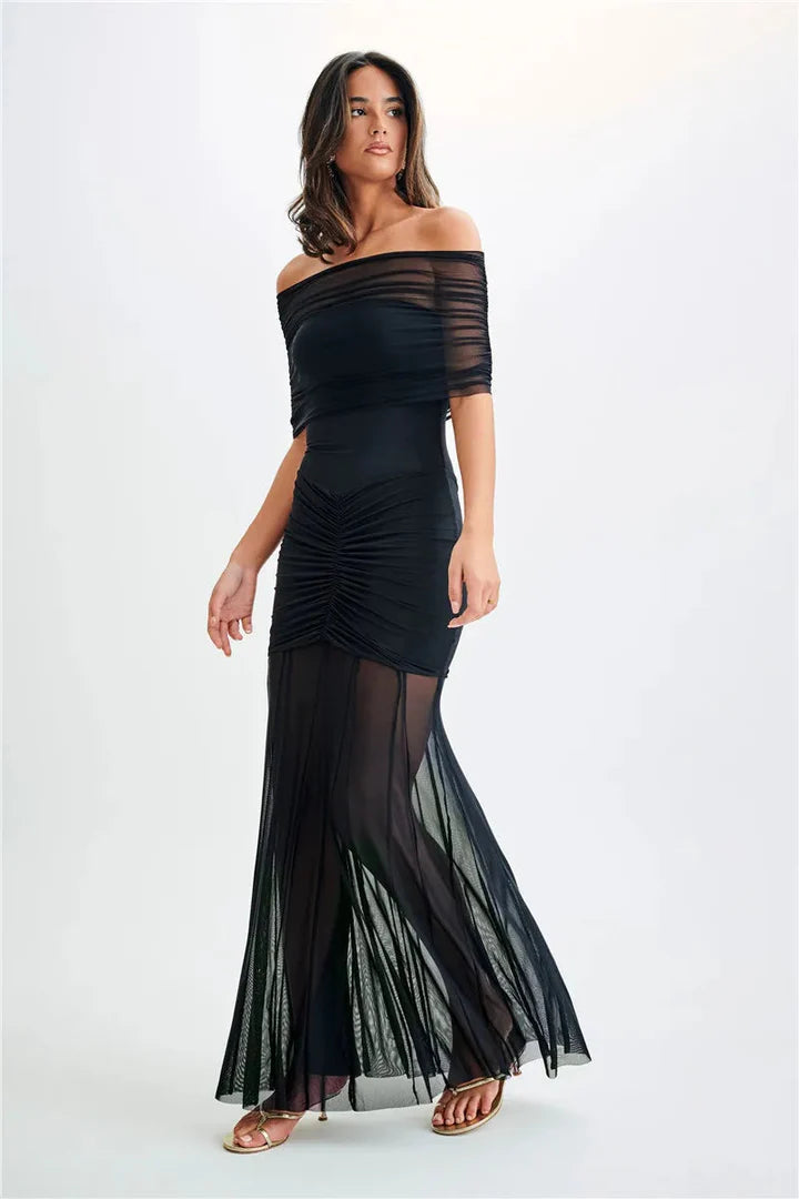 Velmira Off Shoulder Ruched Maxi Dress Sheer Skirt