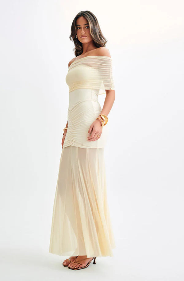Velmira Off Shoulder Ruched Maxi Dress Sheer Skirt