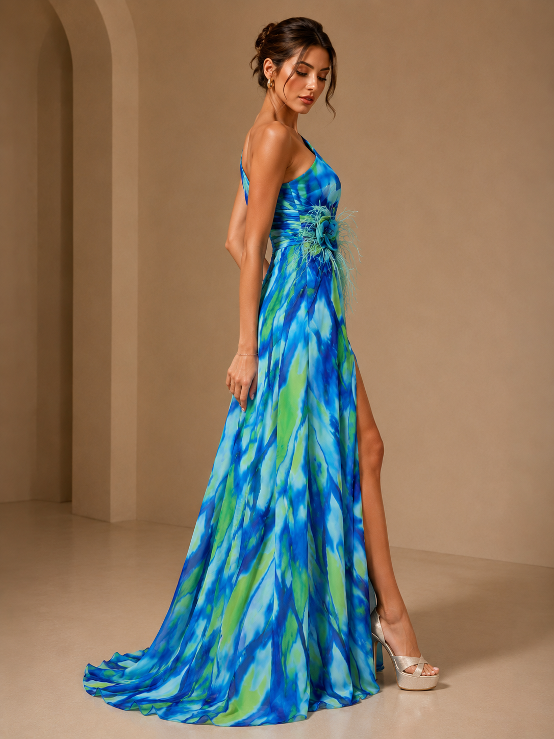 Vespera Abstract-Print One-Shoulder Corsage Gown