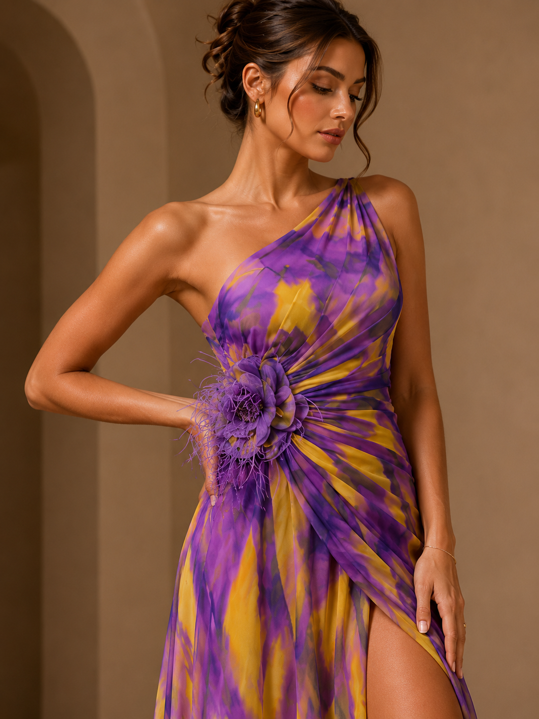 Vespera Abstract-Print One-Shoulder Corsage Gown