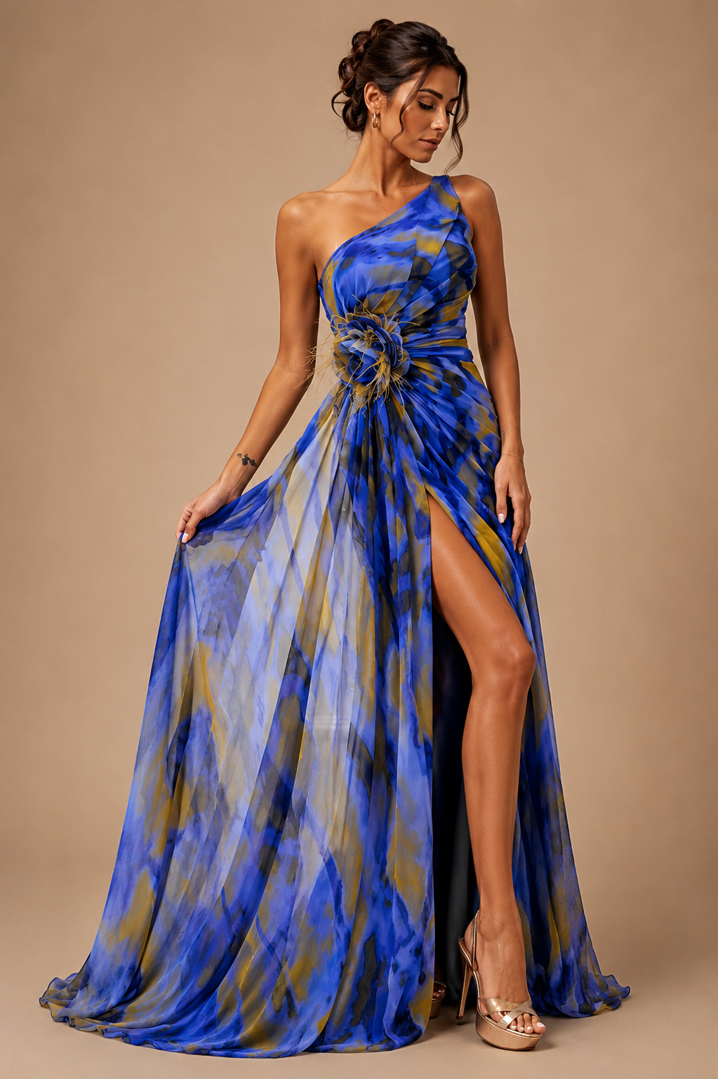 Vespera Abstract-Print One-Shoulder Corsage Gown