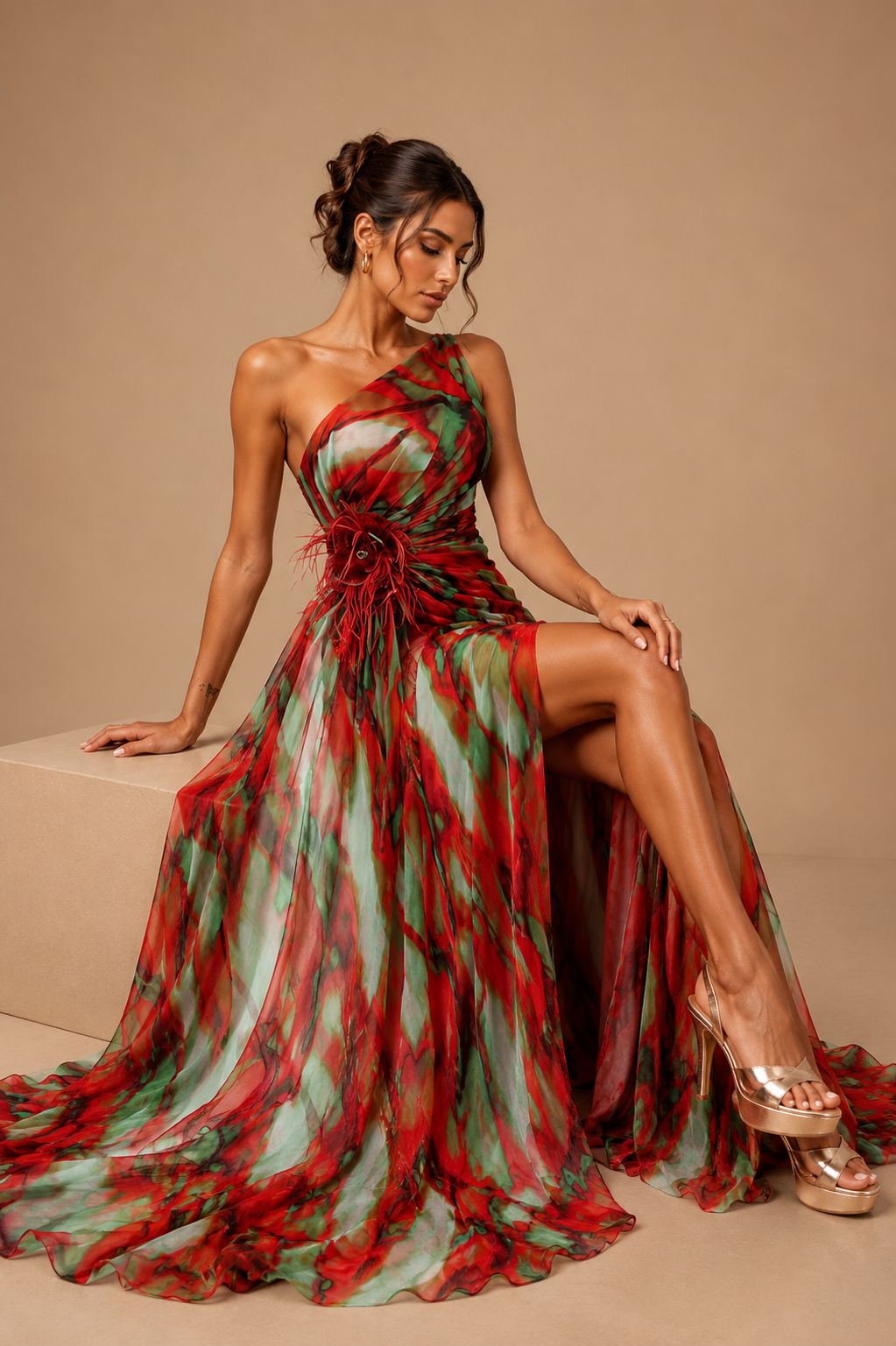 Vespera Abstract-Print One-Shoulder Corsage Gown