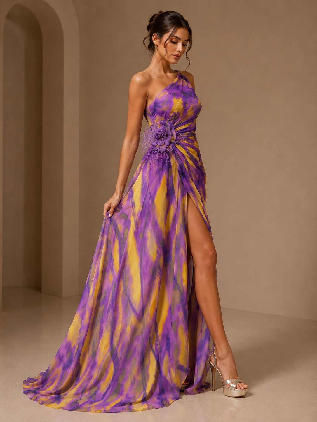 Vespera Abstract-Print One-Shoulder Corsage Gown