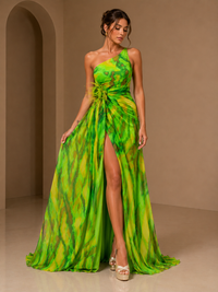 Vespera Abstract-Print One-Shoulder Corsage Gown