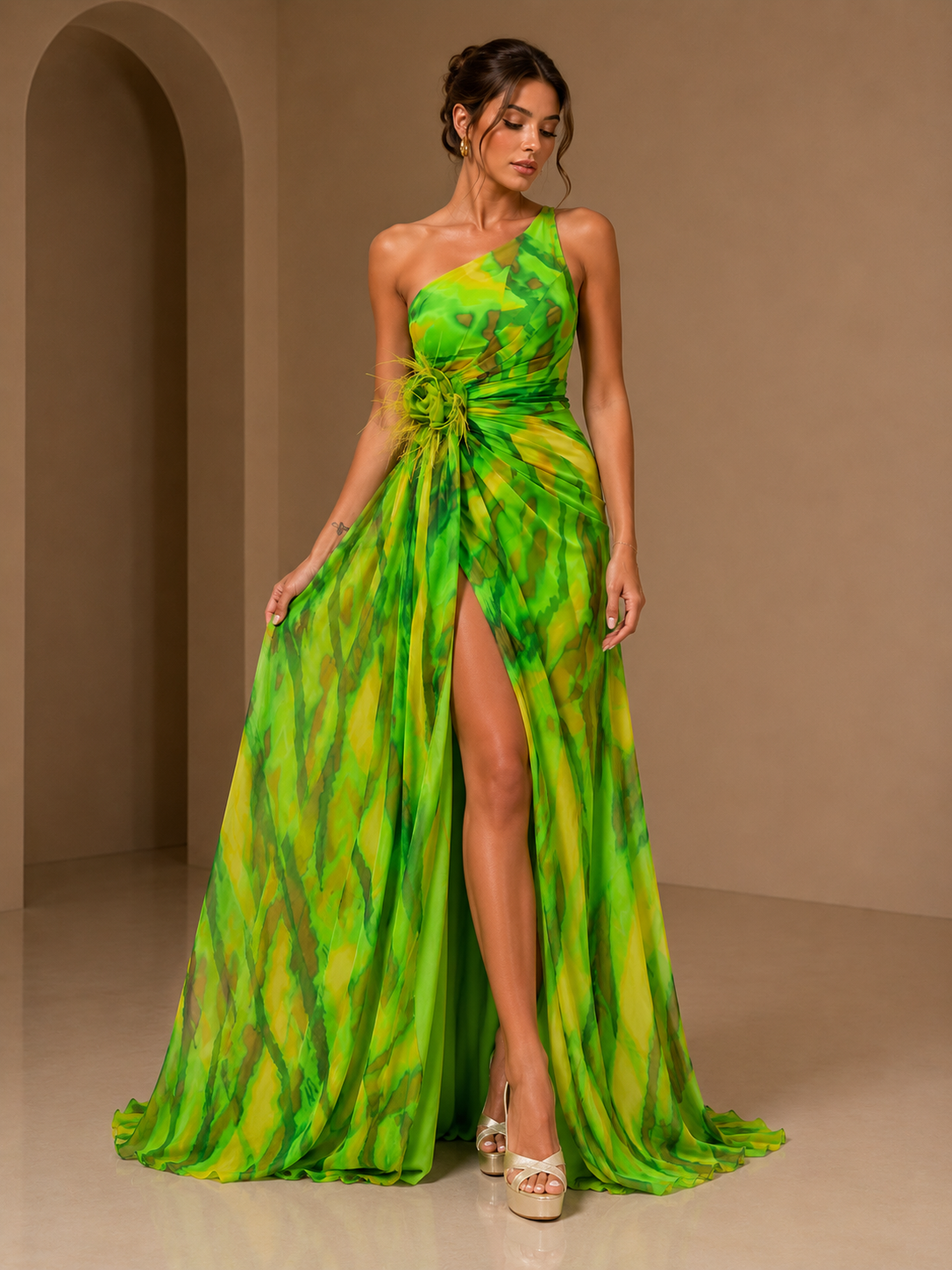 Vespera Abstract-Print One-Shoulder Corsage Gown