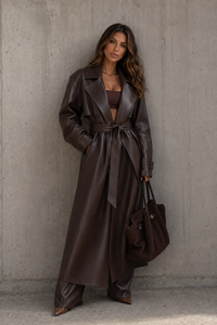 Vespera Belted Faux Leather Longline Trench Coat