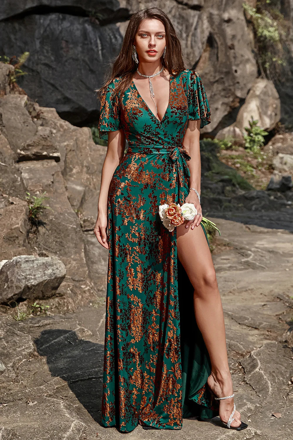 Vespera Burnout Velvet Wrap Maxi Dress