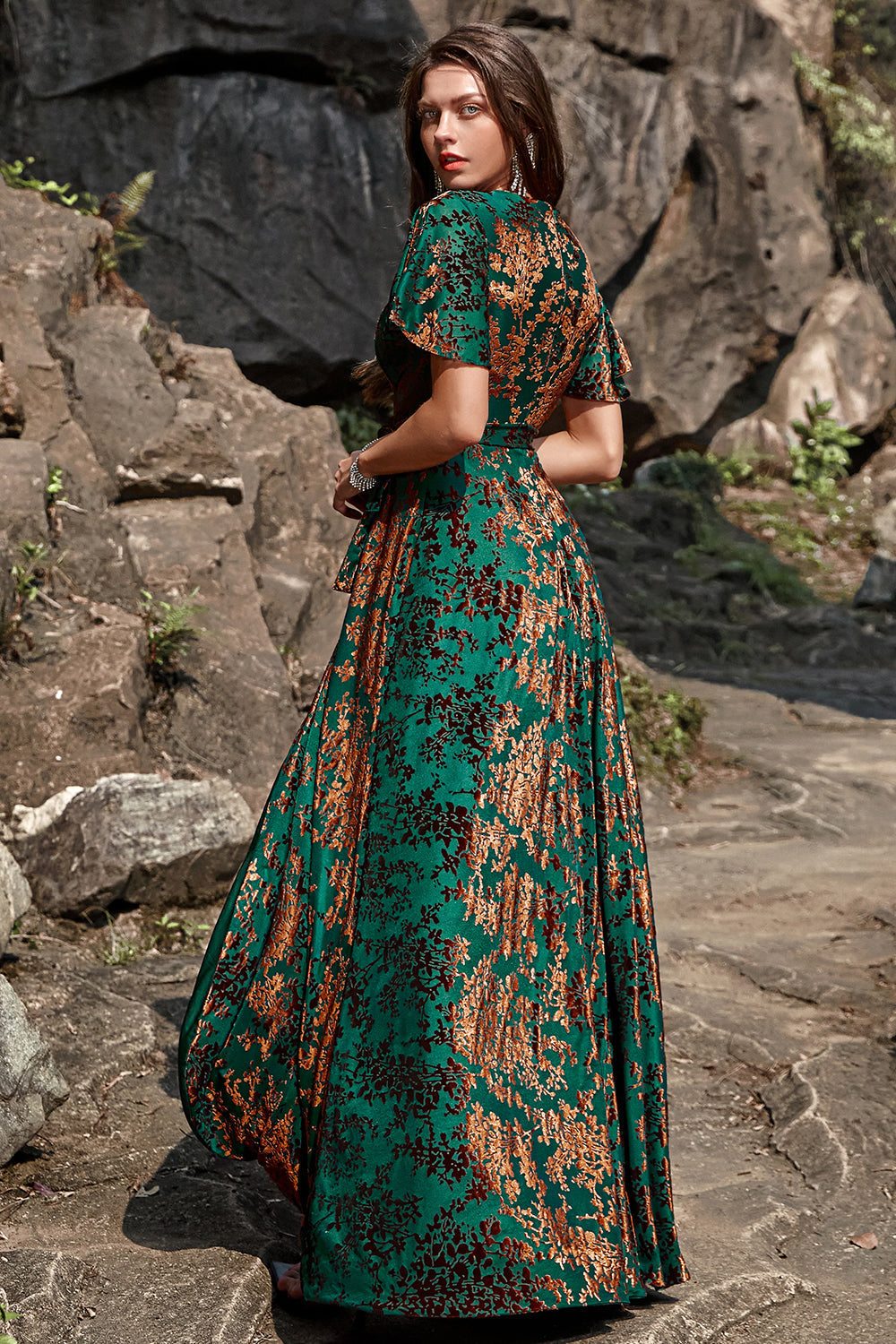 Vespera Burnout Velvet Wrap Maxi Dress