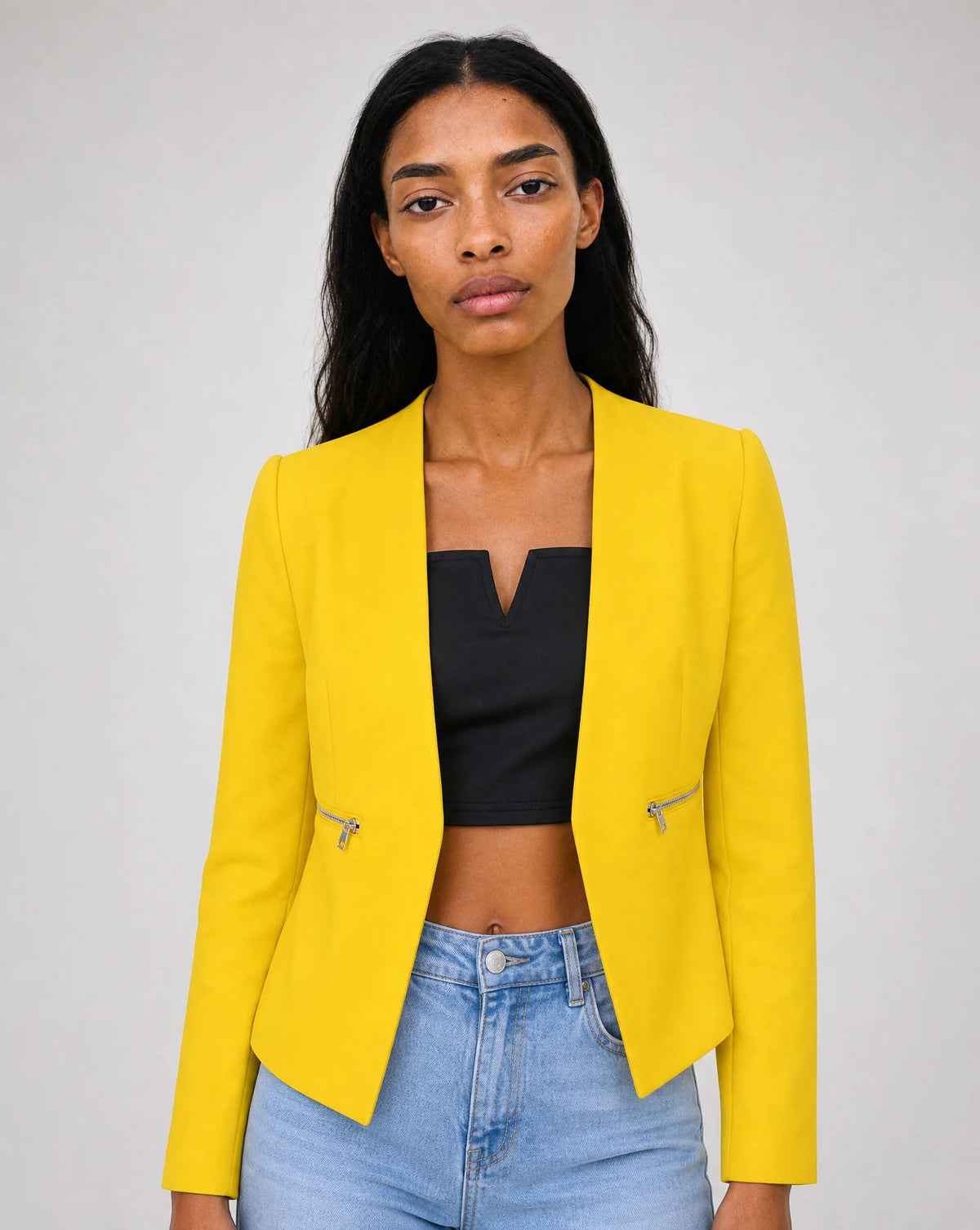 Vespera Collarless Zip-Pocket Tailored Blazer