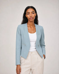 Vespera Collarless Zip-Pocket Tailored Blazer