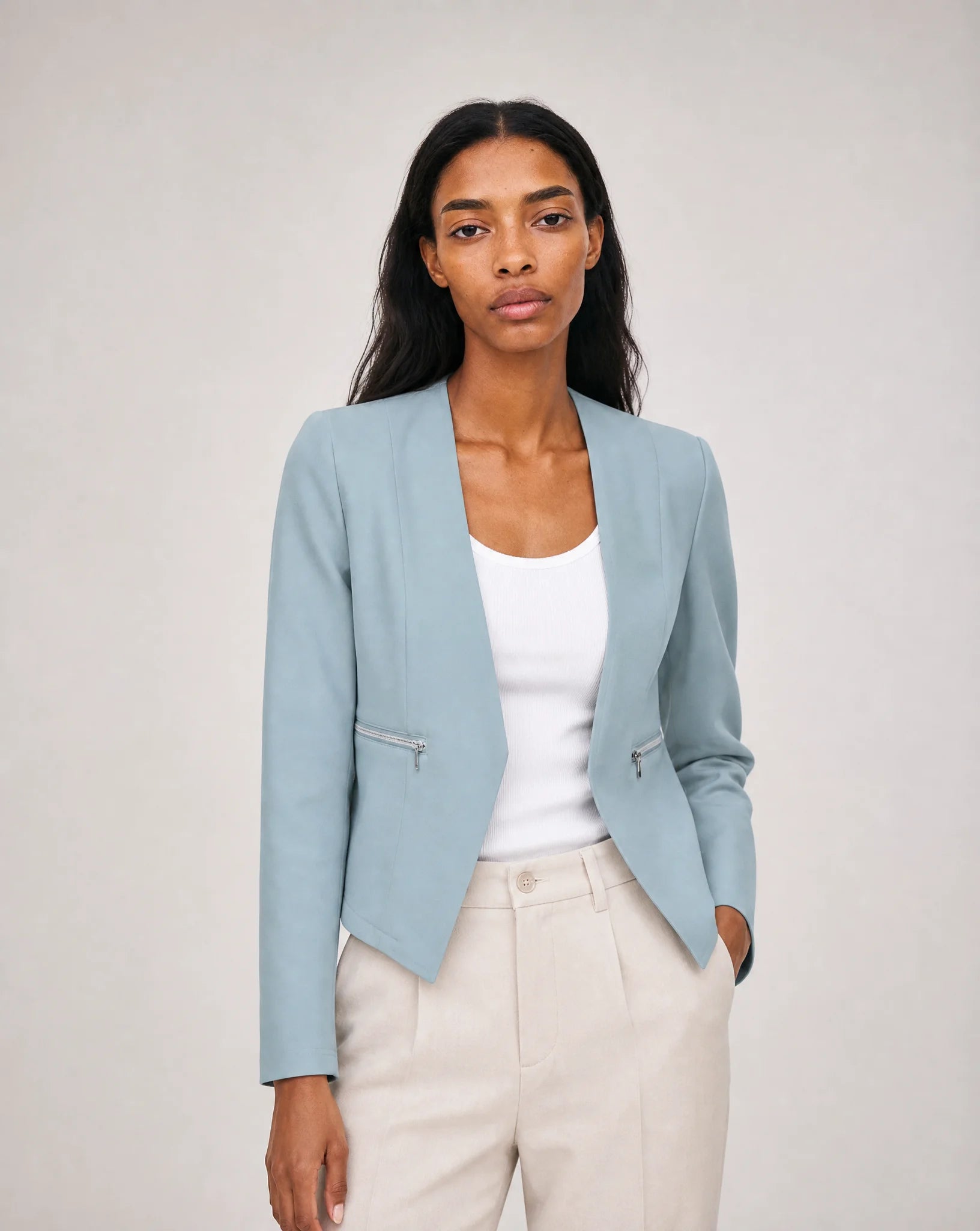Vespera Collarless Zip-Pocket Tailored Blazer