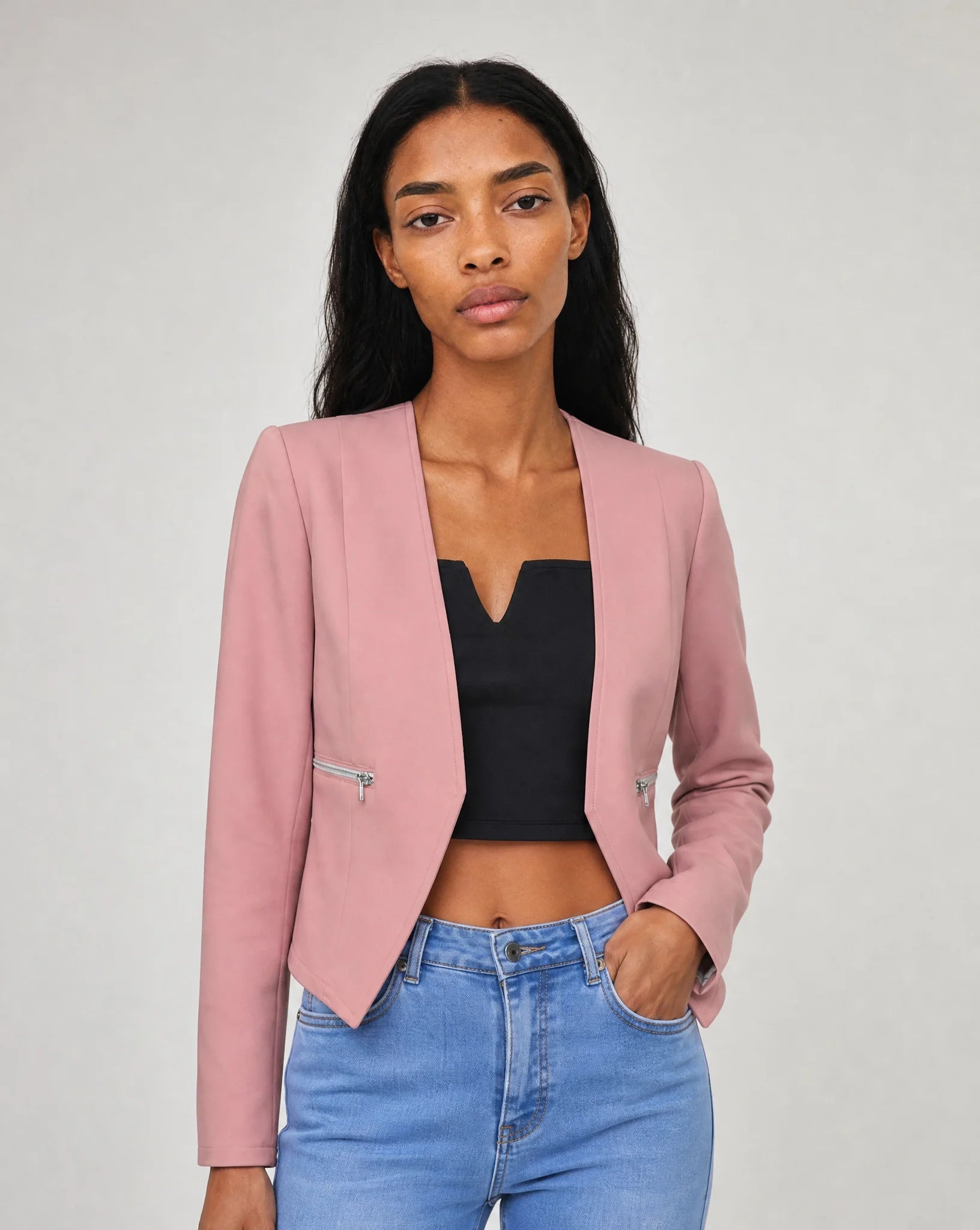 Vespera Collarless Zip-Pocket Tailored Blazer