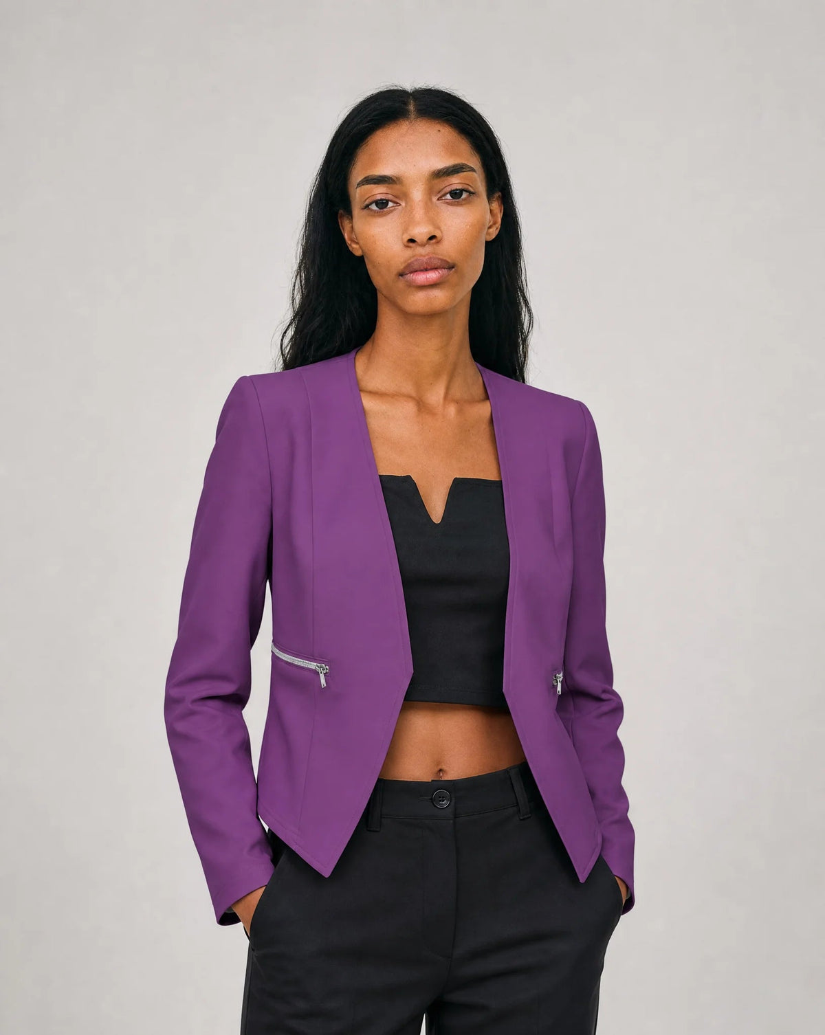 Vespera Collarless Zip-Pocket Tailored Blazer