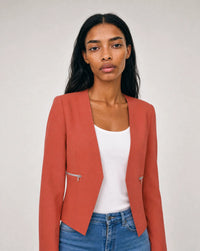 Vespera Collarless Zip-Pocket Tailored Blazer