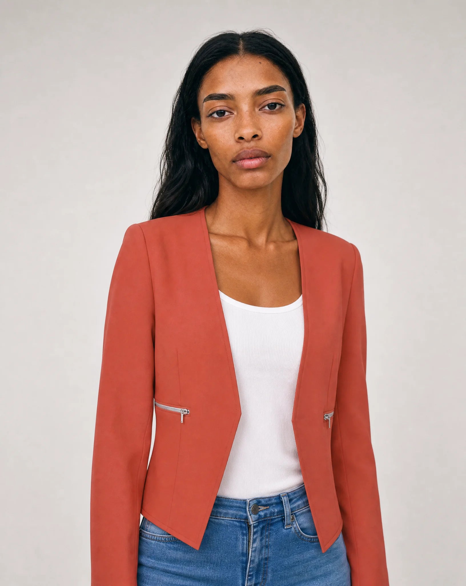 Vespera Collarless Zip-Pocket Tailored Blazer
