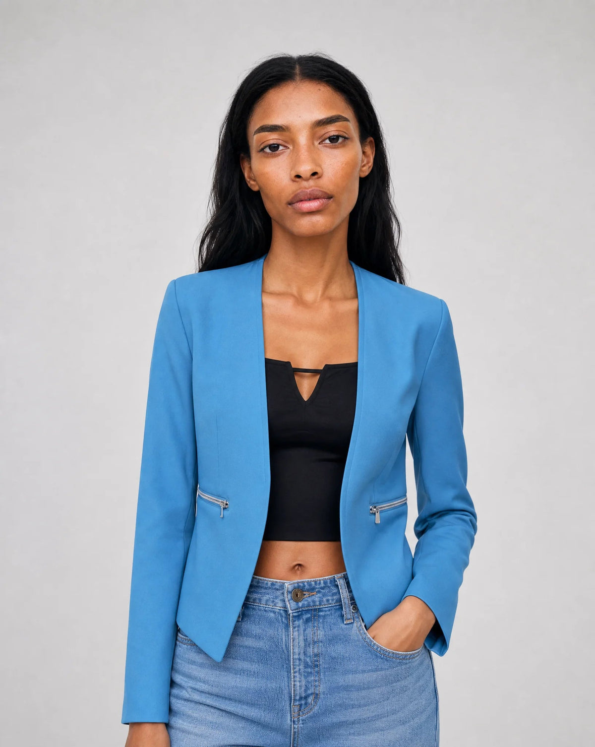 Vespera Collarless Zip-Pocket Tailored Blazer