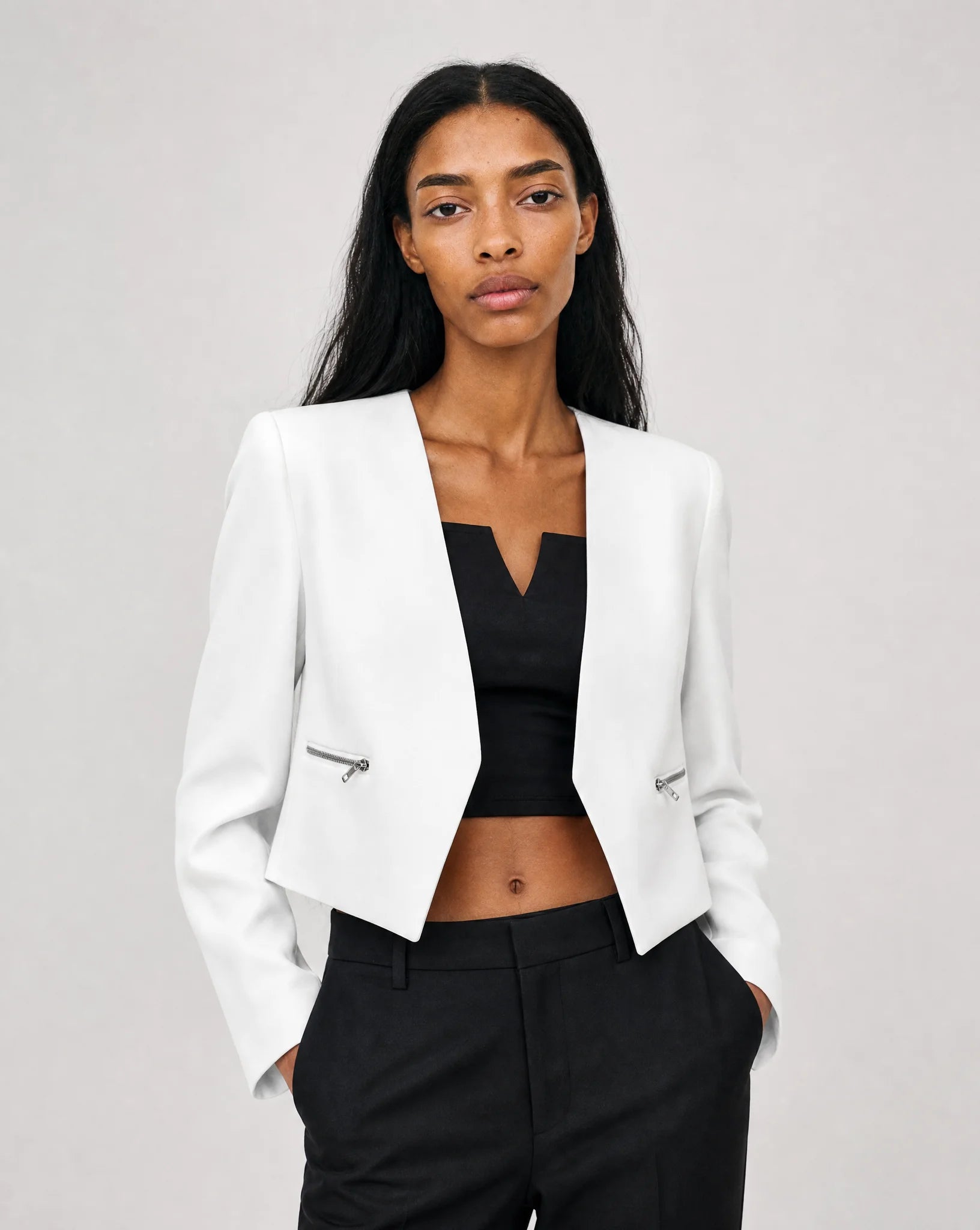 Vespera Collarless Zip-Pocket Tailored Blazer