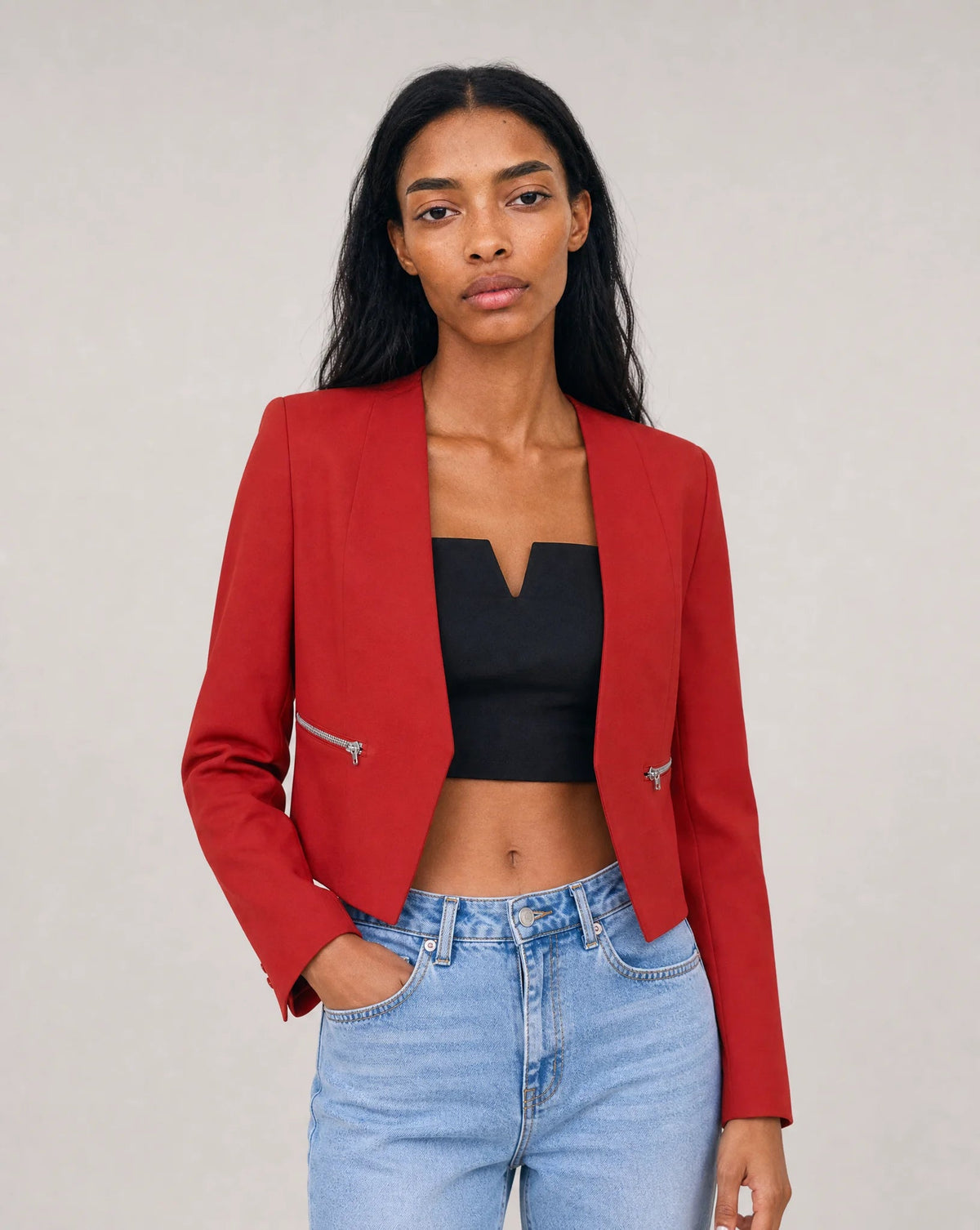 Vespera Collarless Zip-Pocket Tailored Blazer