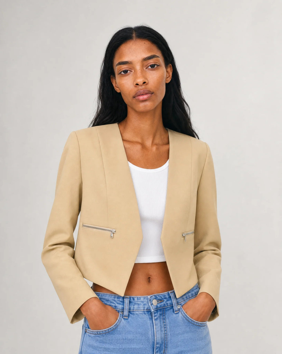 Vespera Collarless Zip-Pocket Tailored Blazer
