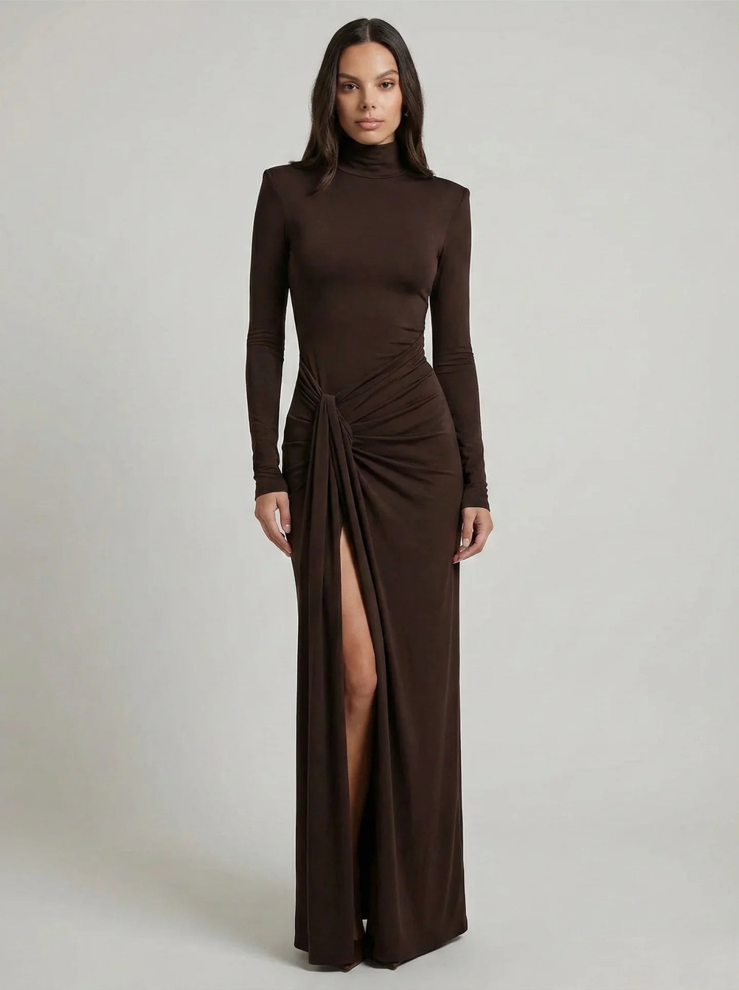 Vespera High Neck Long Sleeve Slit Maxi Dress