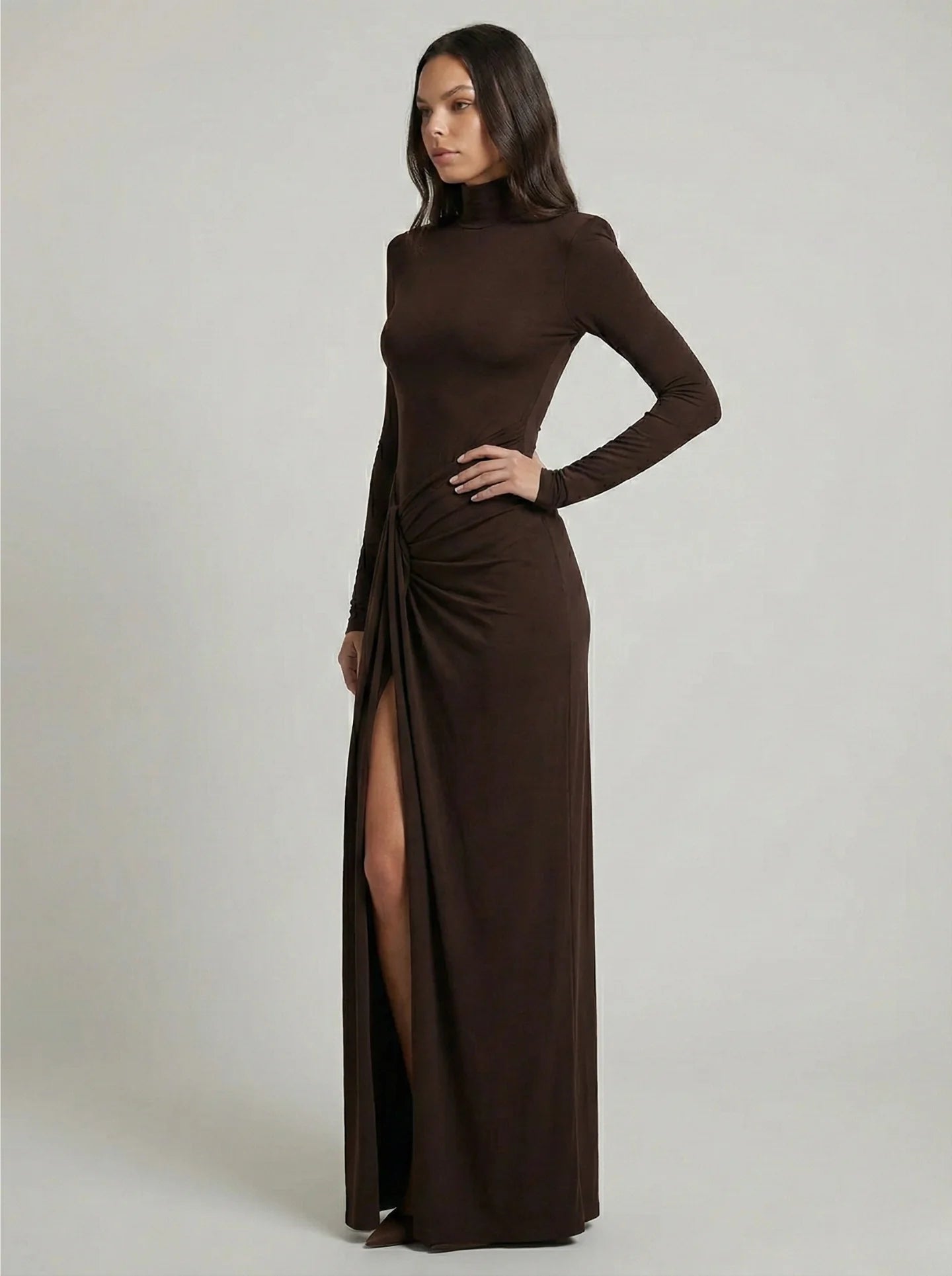 Vespera High Neck Long Sleeve Slit Maxi Dress