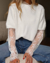 Vespera Lace-Sleeve Short-Sleeve Knit Sweater