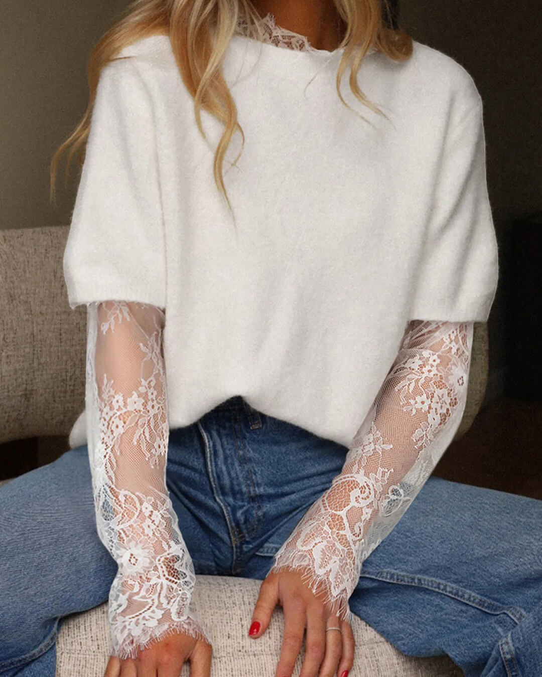 Vespera Lace-Sleeve Short-Sleeve Knit Sweater