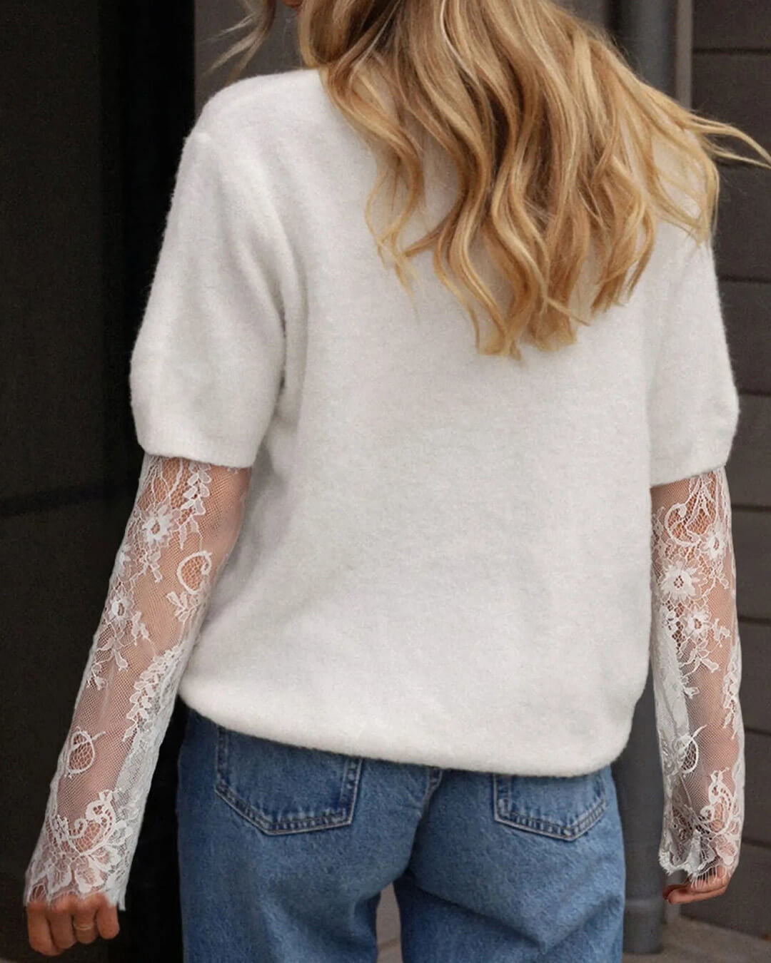 Vespera Lace-Sleeve Short-Sleeve Knit Sweater