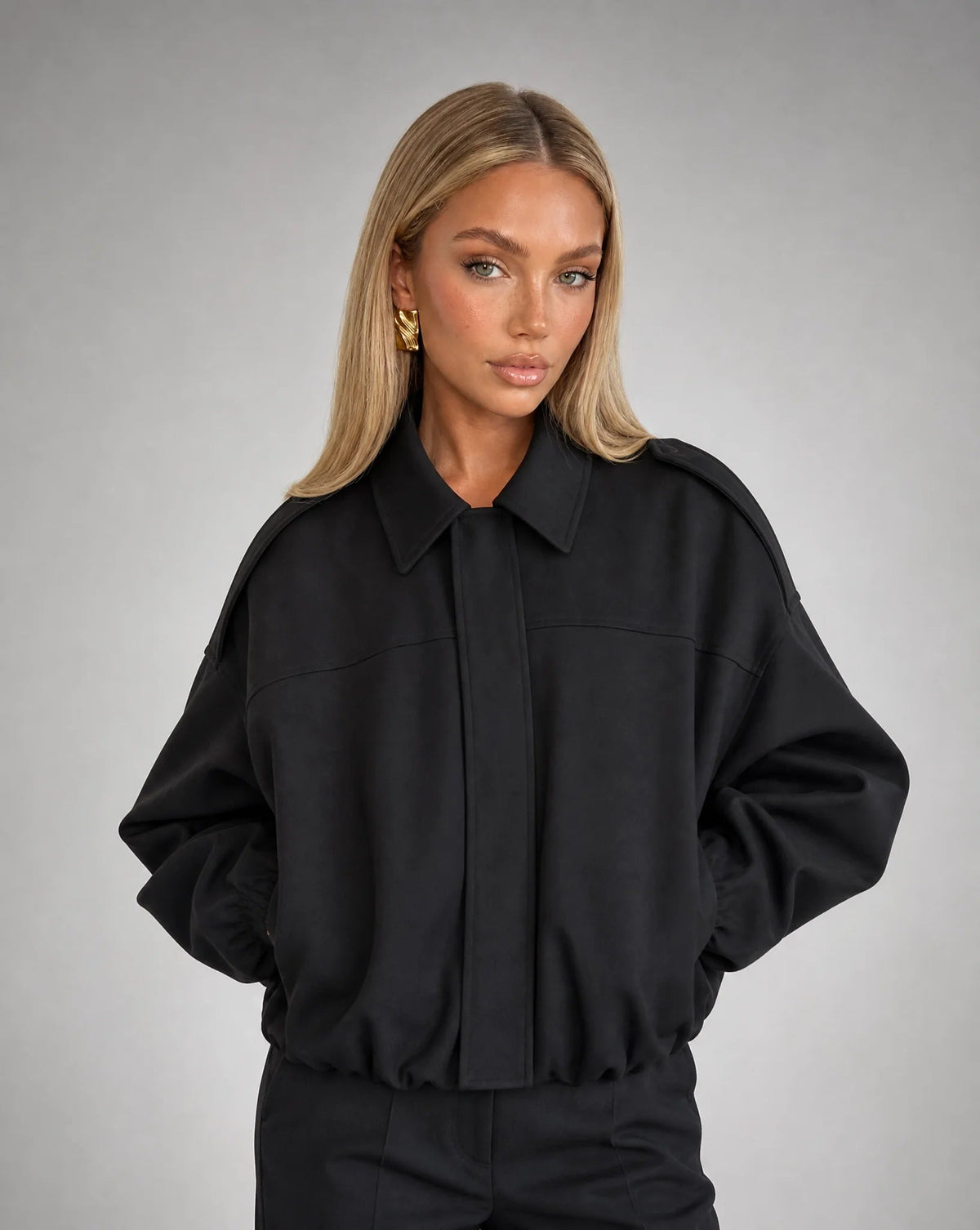 Vespera Oversized Faux-Suede Utility Bomber Jacket