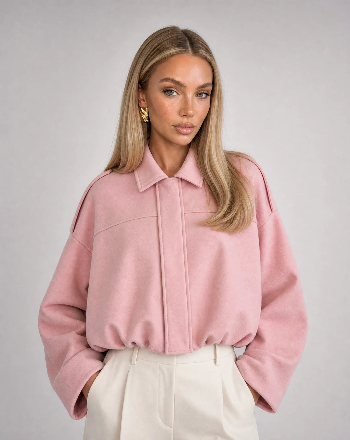 Vespera Oversized Faux-Suede Utility Bomber Jacket