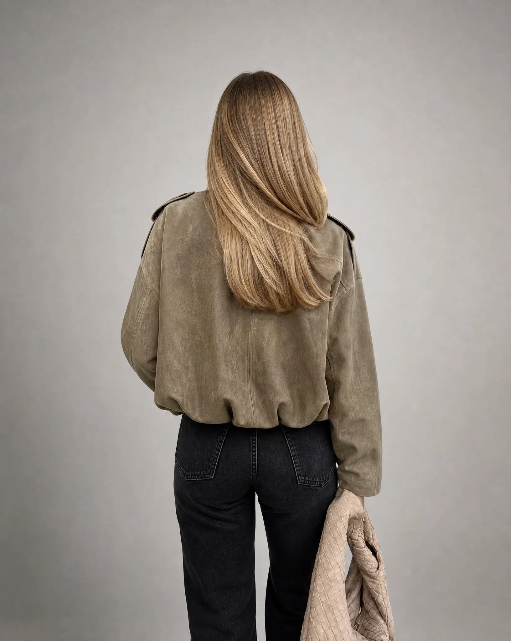 Vespera Oversized Faux-Suede Utility Bomber Jacket