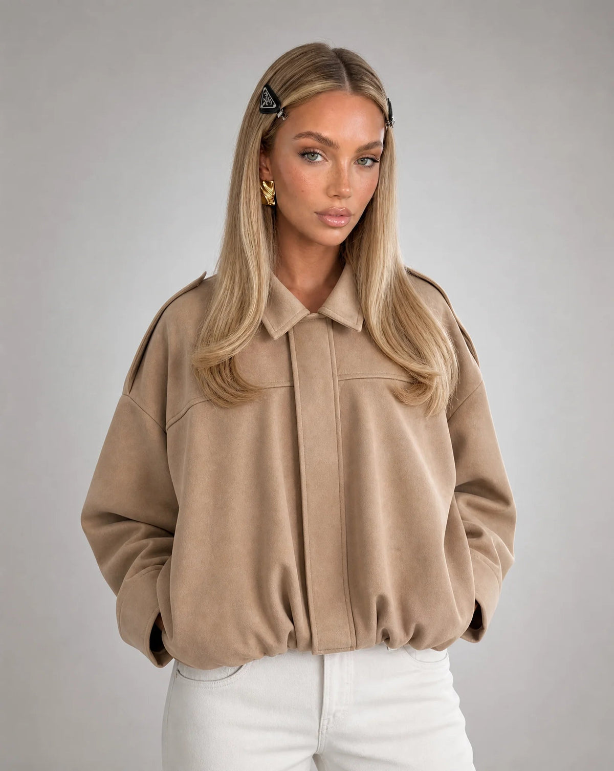 Vespera Oversized Faux-Suede Utility Bomber Jacket