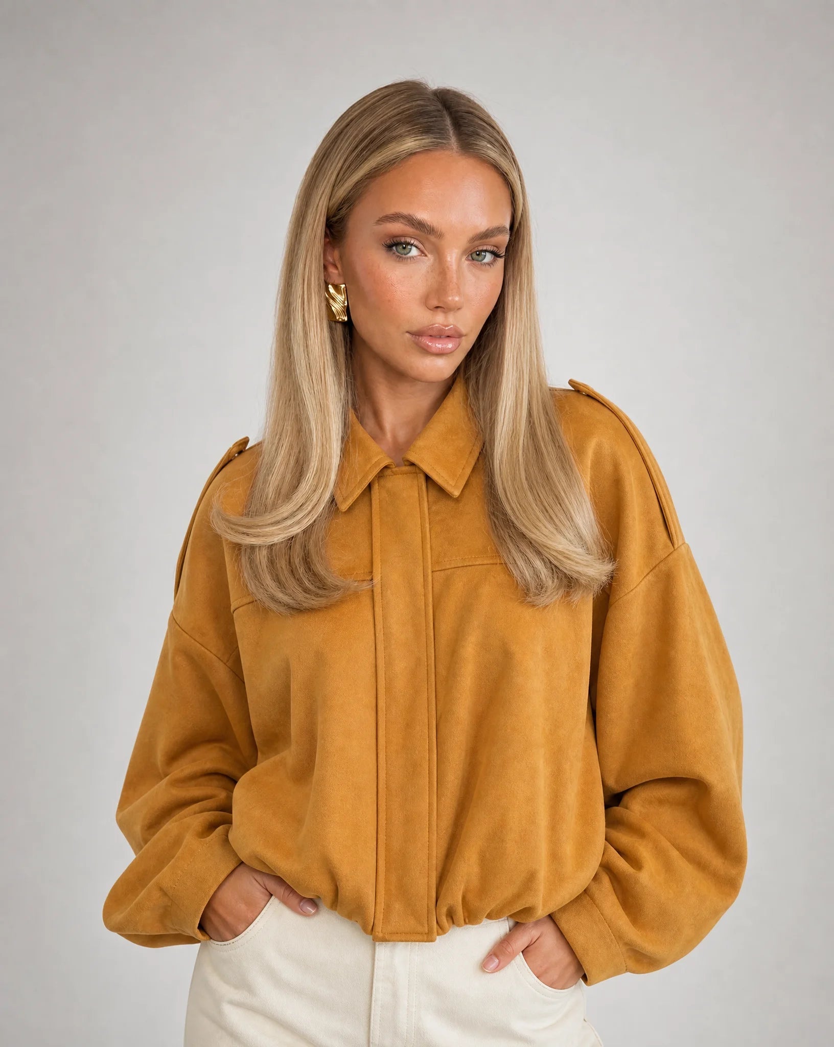 Vespera Oversized Faux-Suede Utility Bomber Jacket