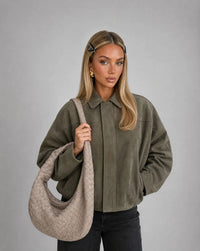 Vespera Oversized Faux-Suede Utility Bomber Jacket