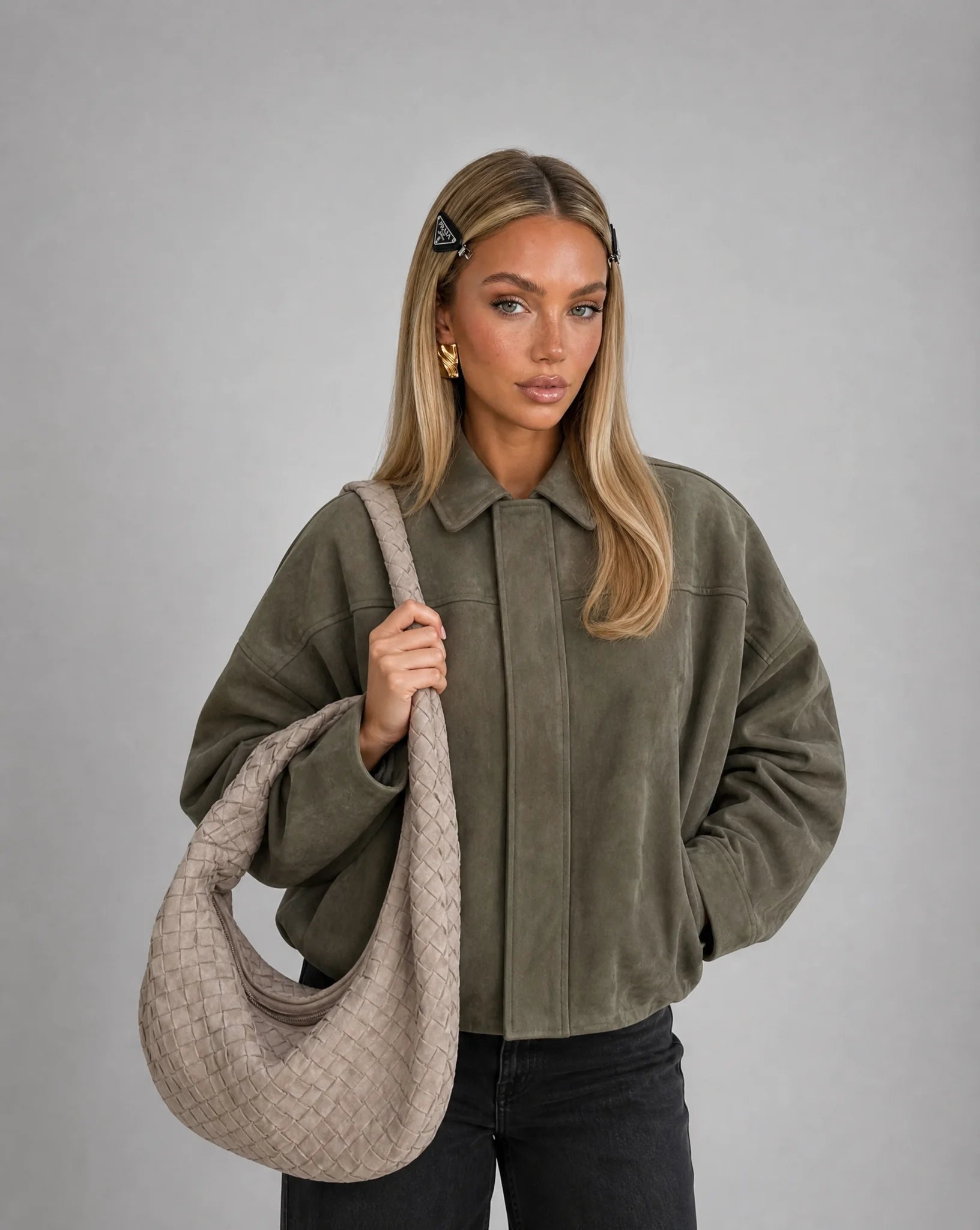 Vespera Oversized Faux-Suede Utility Bomber Jacket