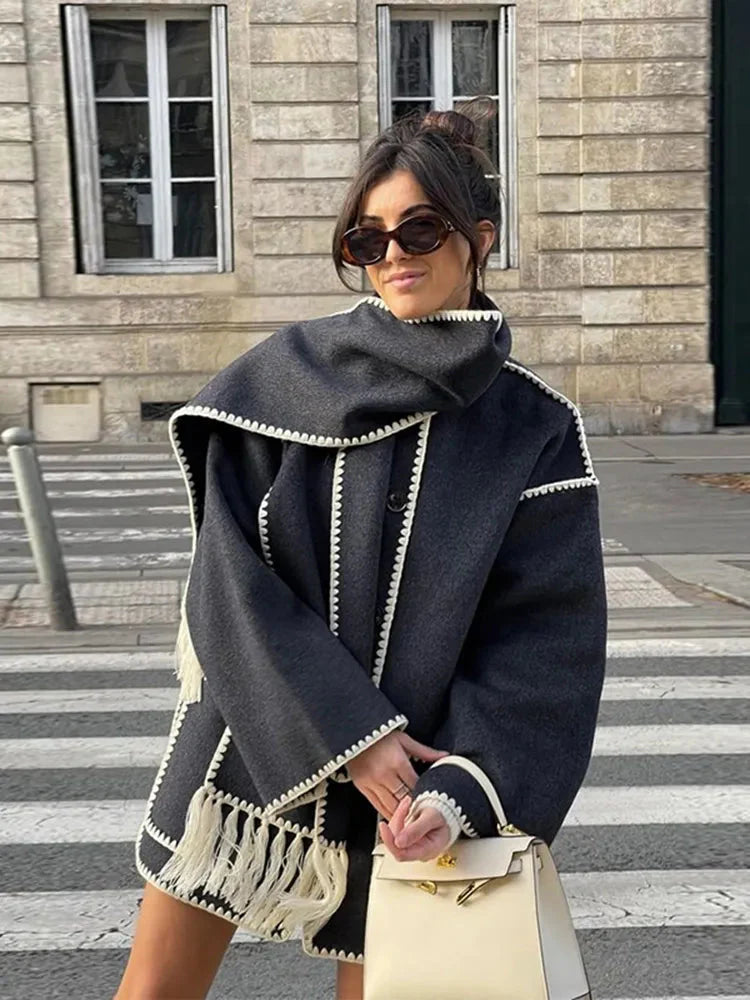 Vespera Scarf-Coat with Contrast Piping