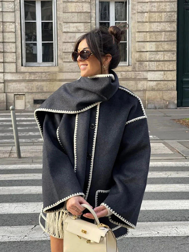 Vespera Scarf-Coat with Contrast Piping