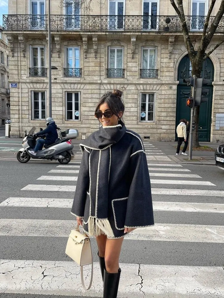 Vespera Scarf-Coat with Contrast Piping