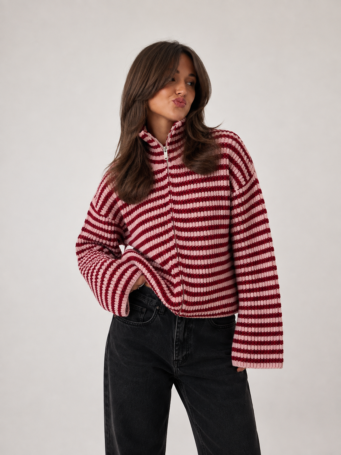 Vespera Striped Full-Zip Ribbed Knit Sweater