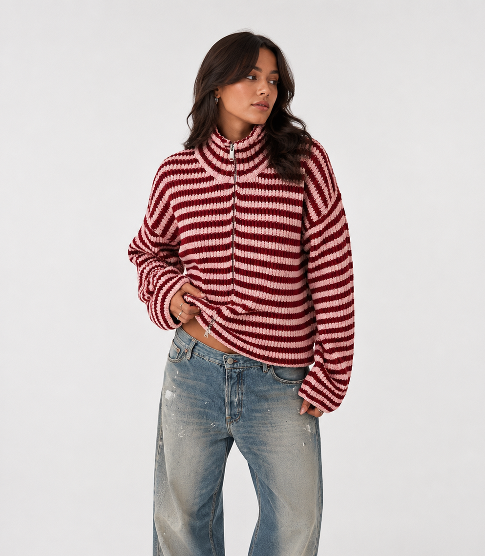 Vespera Striped Full-Zip Ribbed Knit Sweater