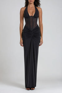 Virelli Halter Mesh Corset Evening Maxi Dress