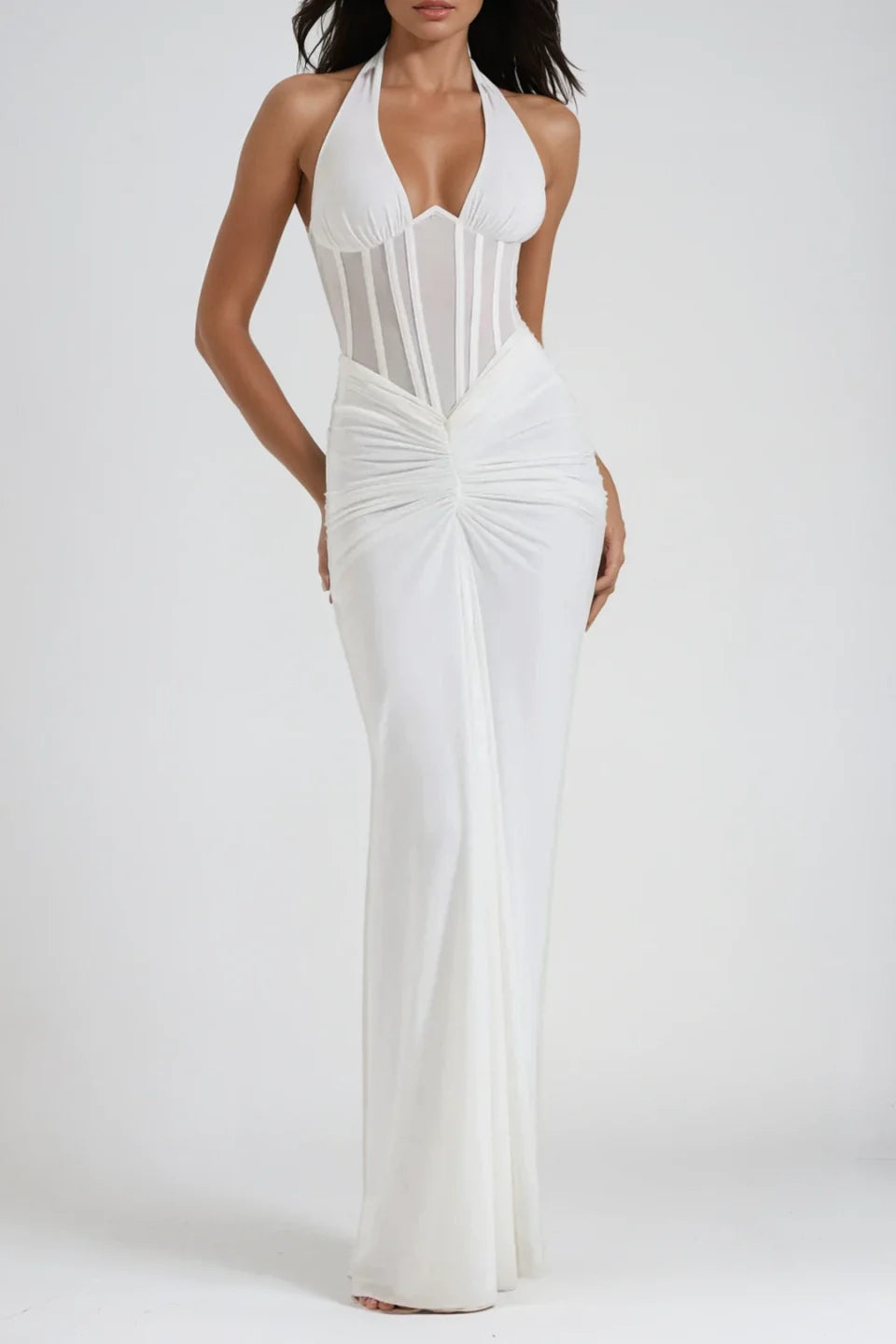 Virelli Halter Mesh Corset Evening Maxi Dress