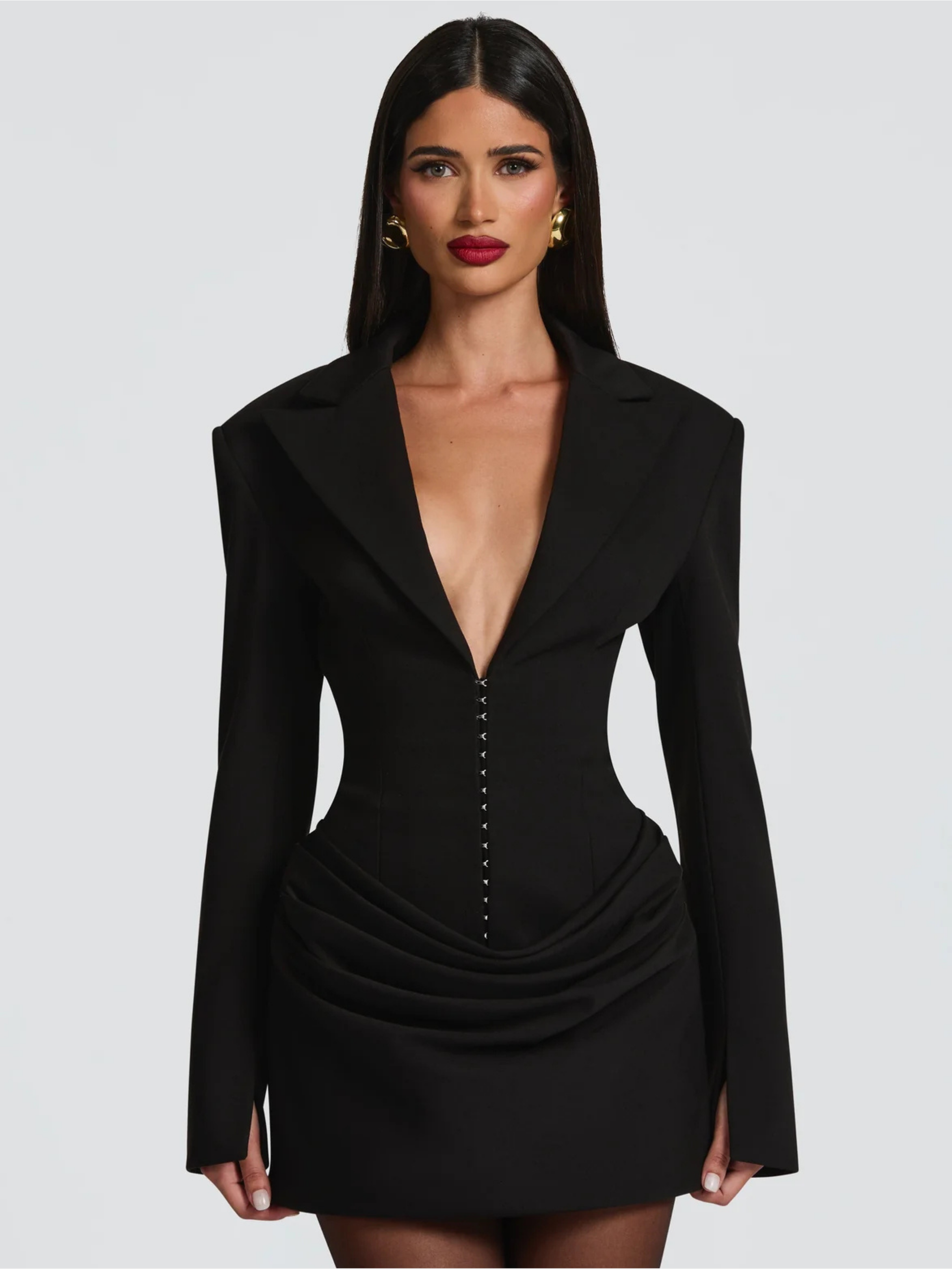 Viviana Draped Waist Deep-V Blazer Mini Dress